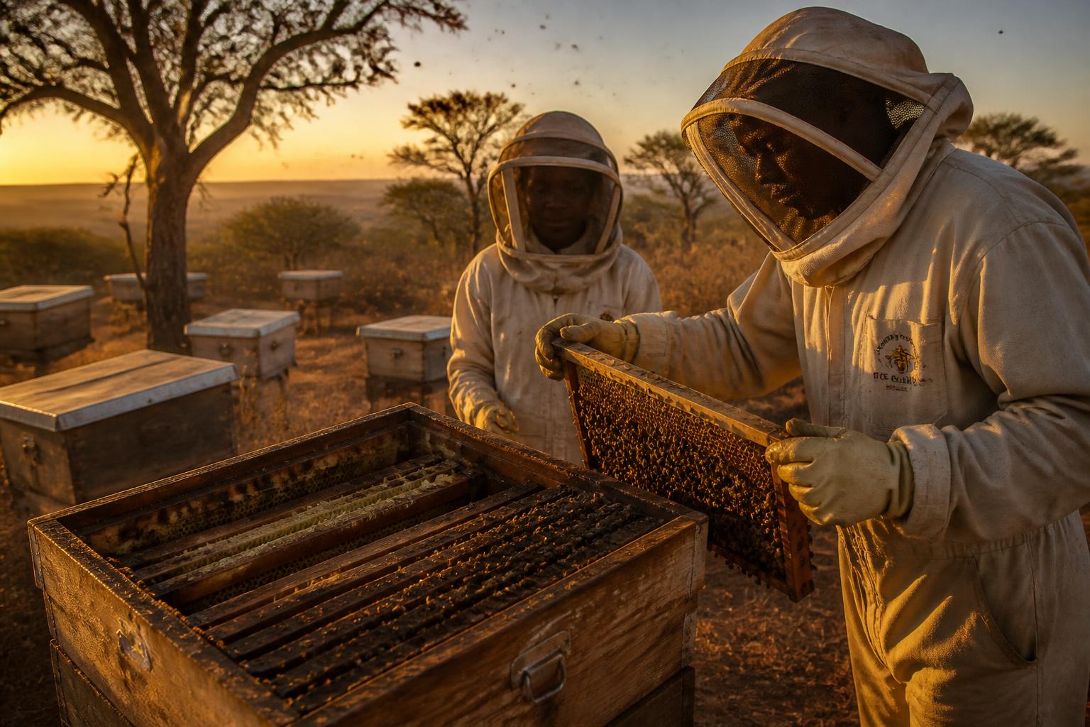Beekeepers harvesting honey from hives in the dry landscape of Tiaty, Baringo County
