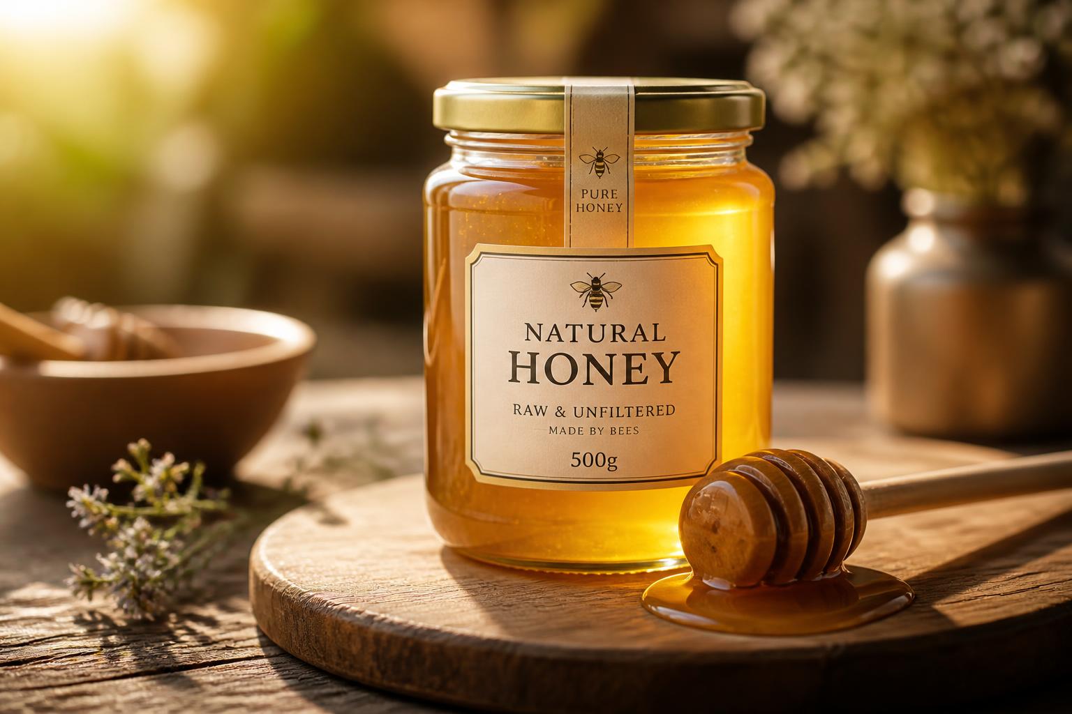 Jar of golden Honey Grapa's natural honey with a wooden dipper