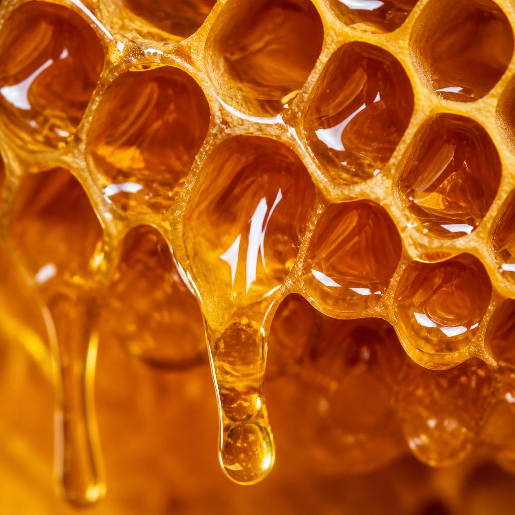 Close-up of honeycomb with fresh honey dripping
