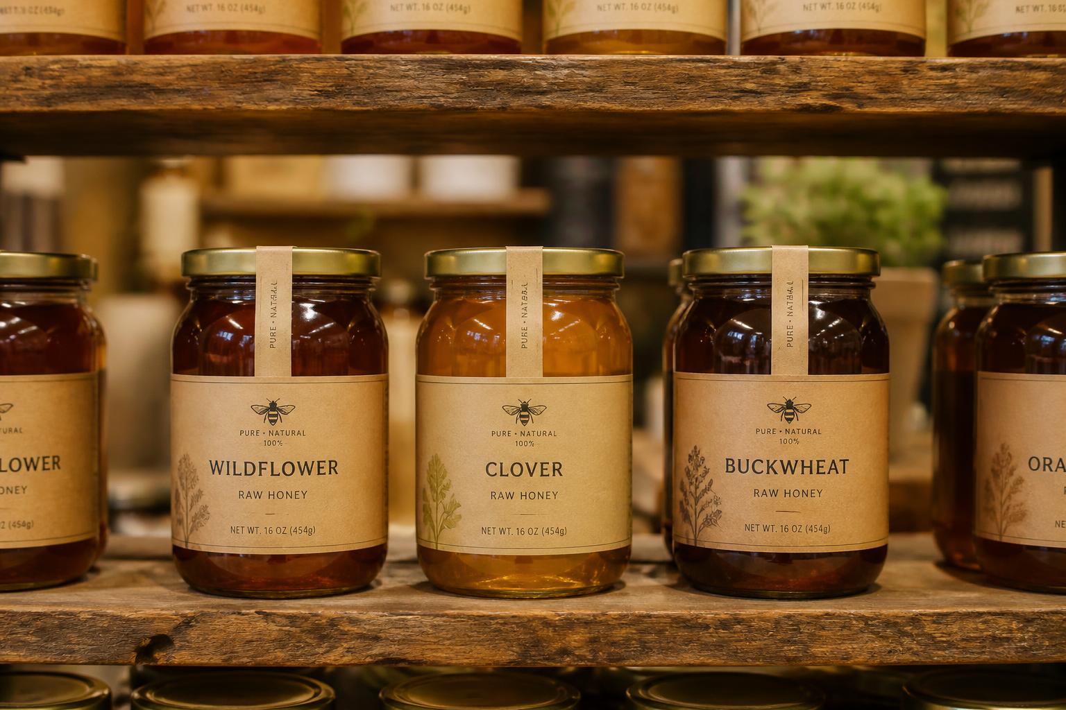 Honey Grapa's honey jars displayed on rustic wooden shelves